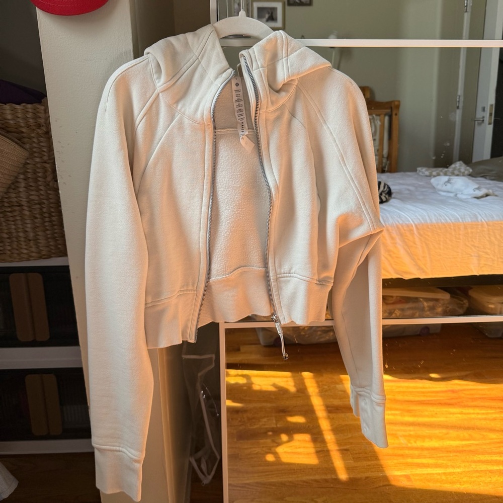 Cream Color Scuba Cropped Zip-Up Hoodie